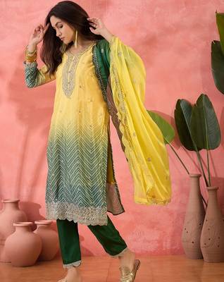Women's yellow colour kurta set traditional stitched top bottom & dupatta 2