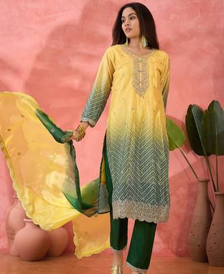 Women's yellow colour kurta set traditional stitched top bottom & dupatta 4