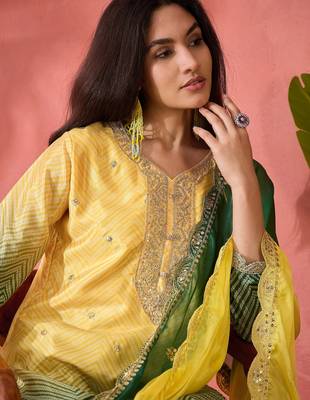 Women's yellow colour kurta set traditional stitched top bottom & dupatta 5