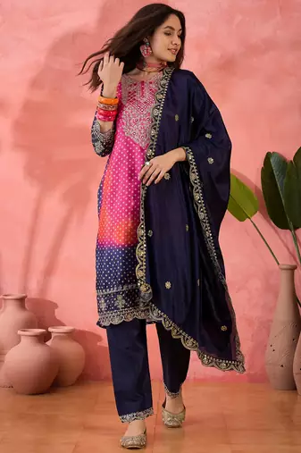 Women's purple colour kurta set pants stitched & dupatta set 