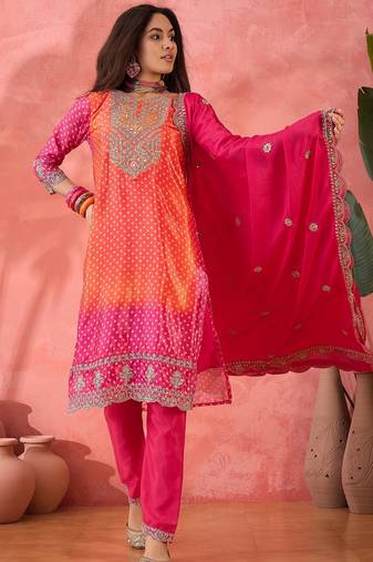 Women's pink colour kurta set pants stitched & dupatta set 