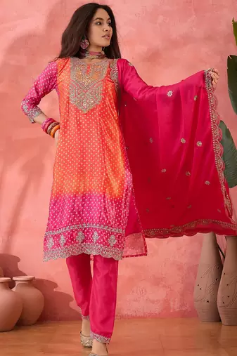 Women's pink colour kurta set pants stitched & dupatta set 