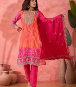 Women's pink colour kurta set pants stitched & dupatta set 