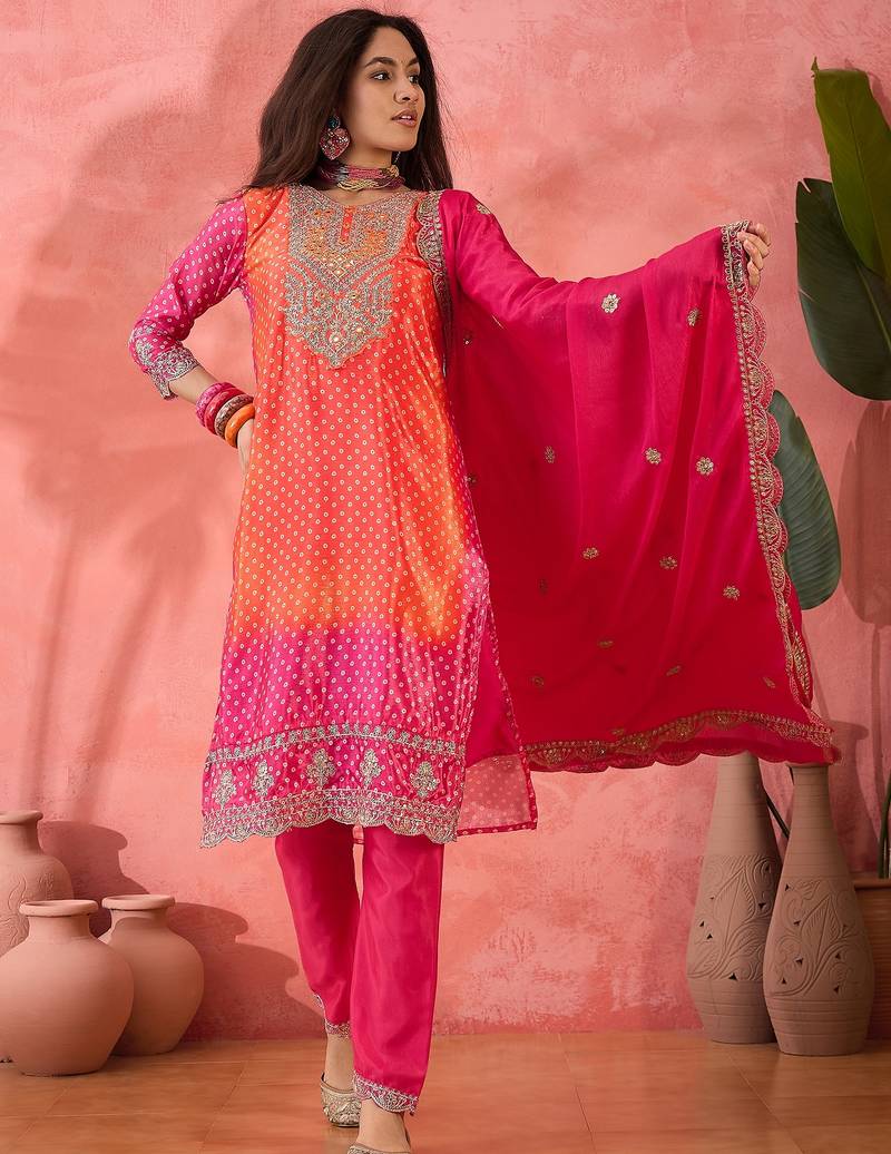 Women's pink colour kurta set pants stitched & dupatta set 