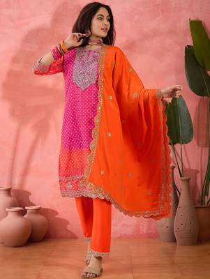 Women's orange colour kurta set pants stitched & dupatta set 1