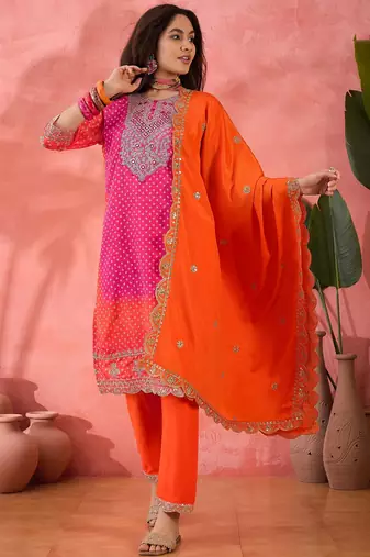 Women's orange colour kurta set pants stitched & dupatta set 