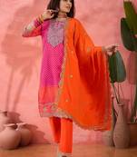Women's orange colour kurta set pants stitched & dupatta set 