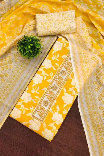 Women's multi unstitched print & handwork cotton dress material 