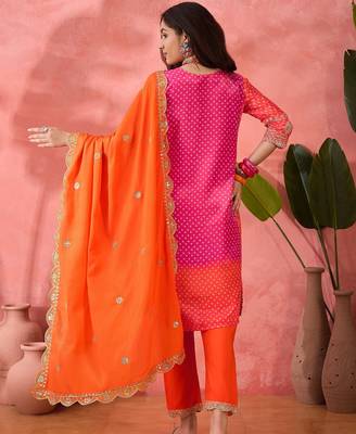 Women's orange colour kurta set pants stitched & dupatta set 3