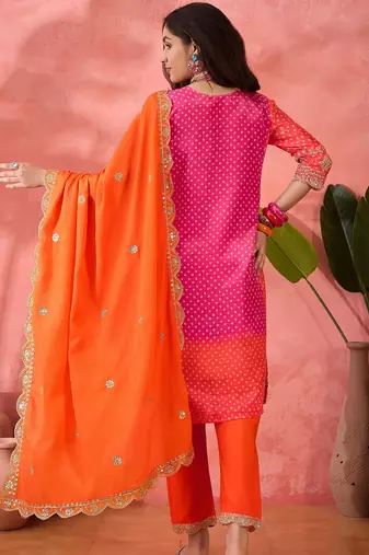 Women's orange colour kurta set pants stitched & dupatta set