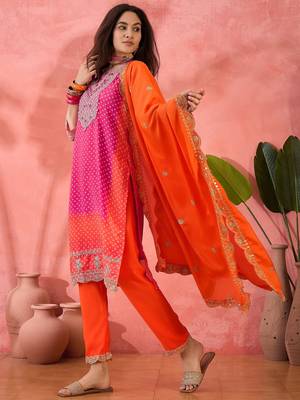 Women's orange colour kurta set pants stitched & dupatta set 4