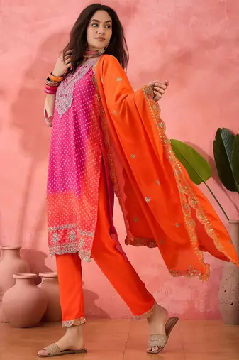 Women's orange colour kurta set pants stitched & dupatta set