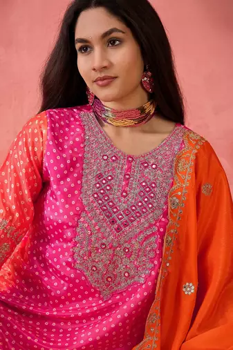 Women's orange colour kurta set pants stitched & dupatta set