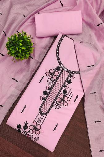 Women's baby pink unstitched heavy thread embroidery pc cotton dress material 