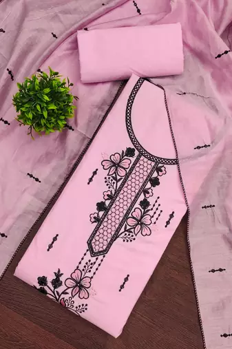 Women's baby pink unstitched heavy thread embroidery pc cotton dress material 