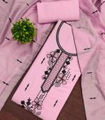Women's baby pink unstitched heavy thread embroidery pc cotton dress material