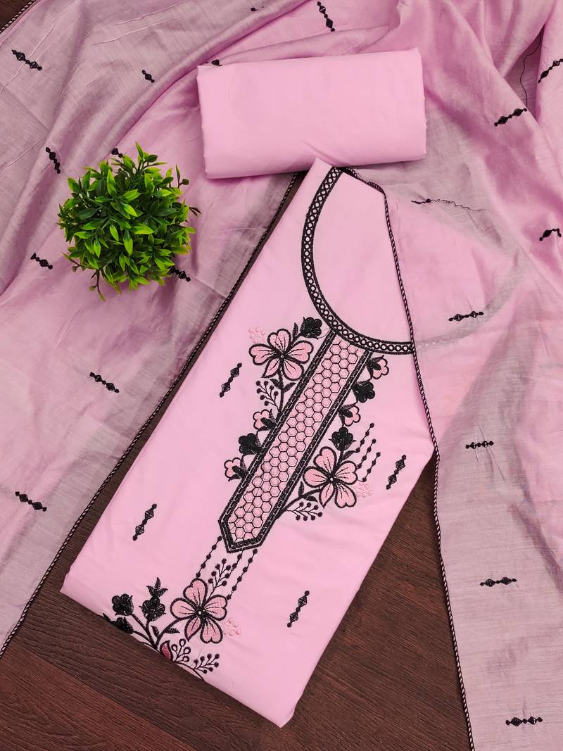 Women's baby pink unstitched heavy thread embroidery pc cotton dress material 