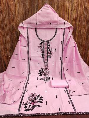 Women's baby pink heavy thread embroidery pc cotton dress material 3