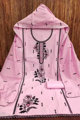 Women's baby pink heavy thread embroidery pc cotton dress material