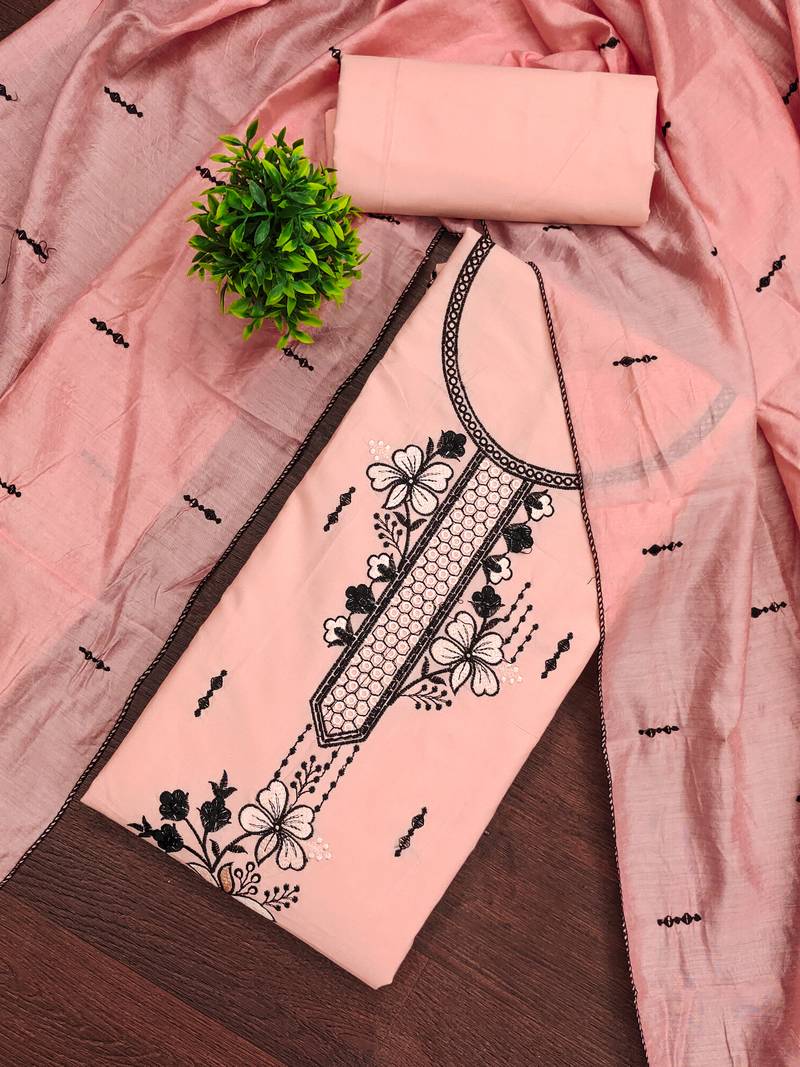 Women's peach unstitched heavy thread embroidery pc cotton dress material 