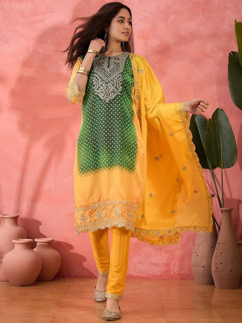 Women's green colour kurta set pants stitched & dupatta set 