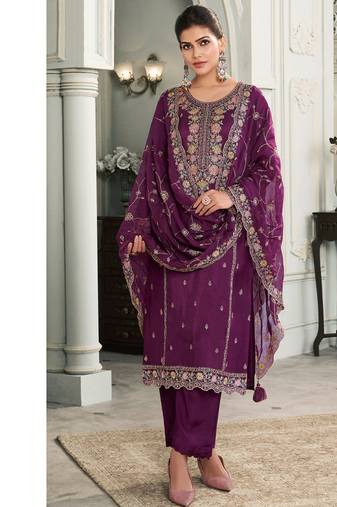 Purple embroidered Silk straight suit for women