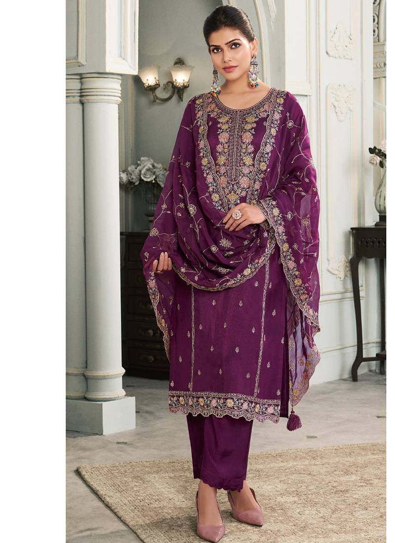 Purple embroidered Silk straight suit for women