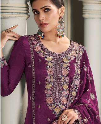 Purple embroidered Silk straight suit for women 2
