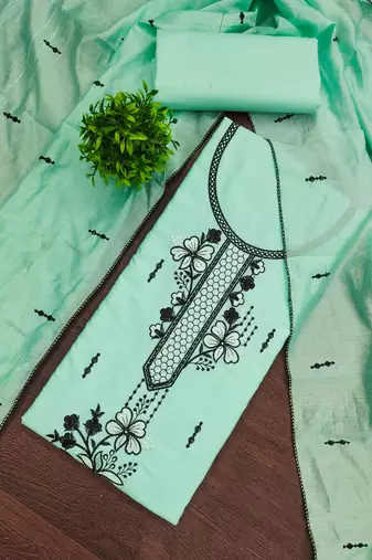 Women's sea green unstitched heavy thread embroidery pc cotton dress material 