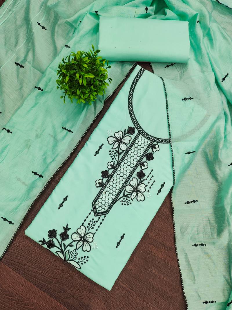 Women's sea green unstitched heavy thread embroidery pc cotton dress material 