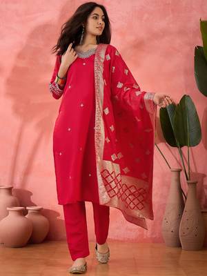 Women's pink colour kurta set pants stitched and woven dupatta set 1