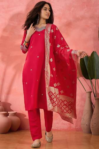 Women's pink colour kurta set pants stitched and woven dupatta set 