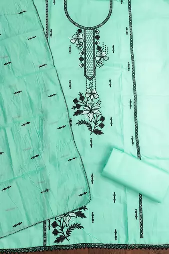 Women's sea green heavy thread embroidery pc cotton dress material