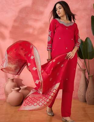 Women's pink colour kurta set pants stitched and woven dupatta set 2