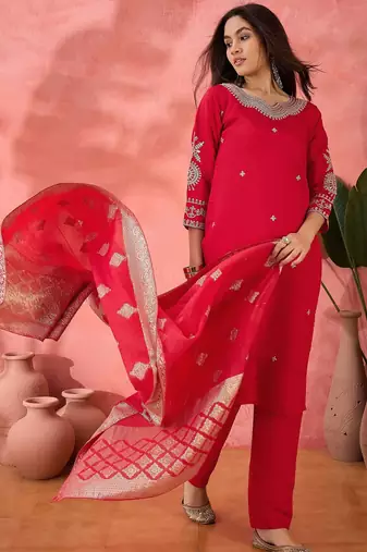 Women's pink colour kurta set pants stitched and woven dupatta set