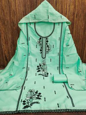 Women's sea green heavy thread embroidery pc cotton dress material 3