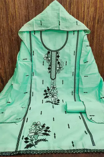 Women's sea green heavy thread embroidery pc cotton dress material