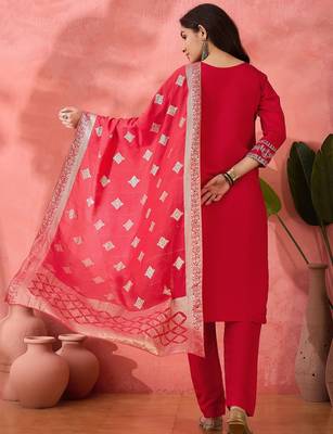Women's pink colour kurta set pants stitched and woven dupatta set 3