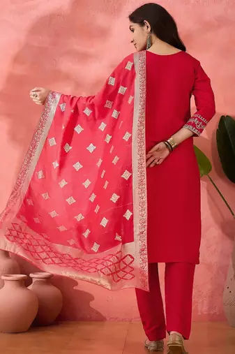 Women's pink colour kurta set pants stitched and woven dupatta set
