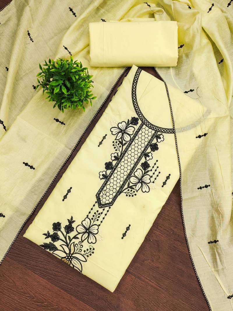 Women's yellow unstitched heavy thread embroidery pc cotton dress material 