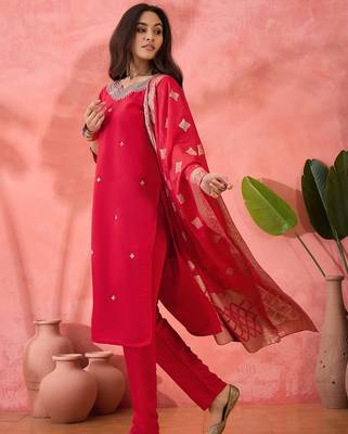 Women's pink colour kurta set pants stitched and woven dupatta set 4