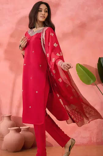 Women's pink colour kurta set pants stitched and woven dupatta set
