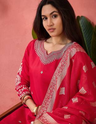 Women's pink colour kurta set pants stitched and woven dupatta set 5