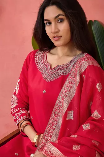 Women's pink colour kurta set pants stitched and woven dupatta set