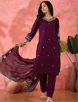 Women's purple colour kurta set pants stitched and woven dupatta set 1