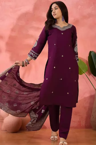 Women's purple colour kurta set pants stitched and woven dupatta set 