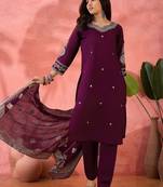Women's purple colour kurta set pants stitched and woven dupatta set 