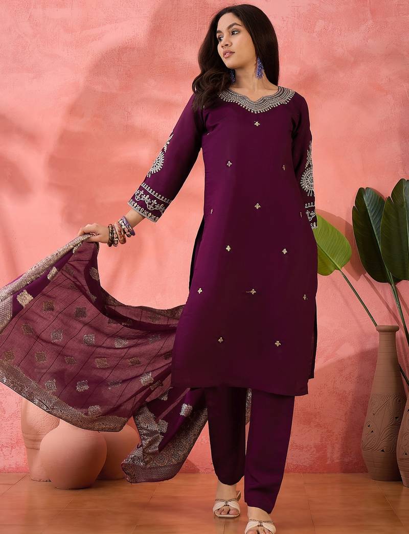 Women's purple colour kurta set pants stitched and woven dupatta set 