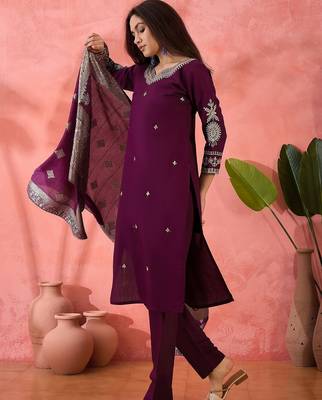 Women's purple colour kurta set pants stitched and woven dupatta set 2