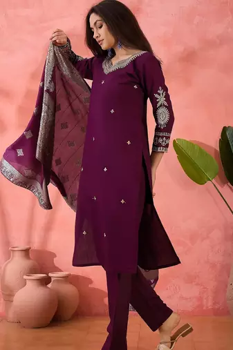 Women's purple colour kurta set pants stitched and woven dupatta set